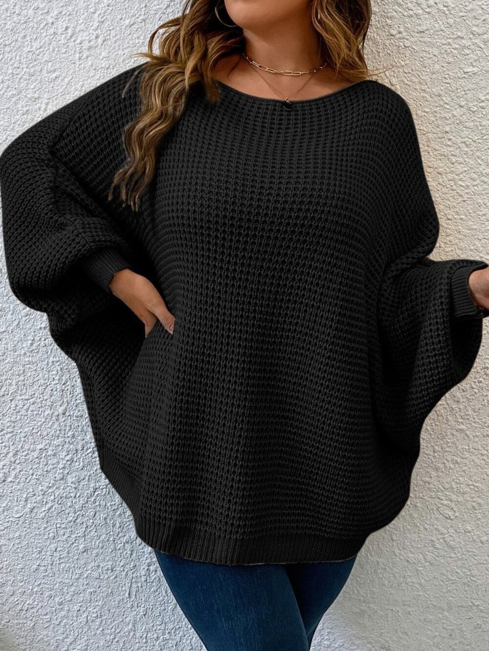 Black Casual Women's Plus Batwing Sleeve Knit Pullover Sweater